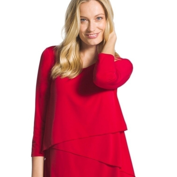 Slinky Brand Tops - Slinky Brand Red Assymetrical Tiered Ruffle Layered 3/4 Sleeve Top Size Small
